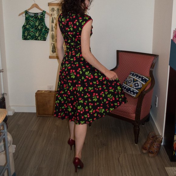 Vintage Inspired Black Red Cherries Swing Dress - Picture 3 of 9